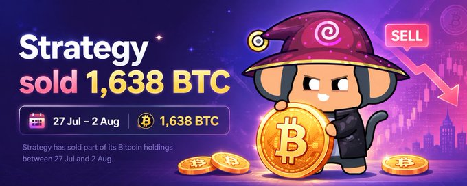 Promotional graphic stating 'Strategy sold 1,638 BTC' between 27 Jul – 2 Aug, featuring a cartoon monkey mascot with a wizard hat holding a Bitcoin coin against a 'SELL' chart backdrop.