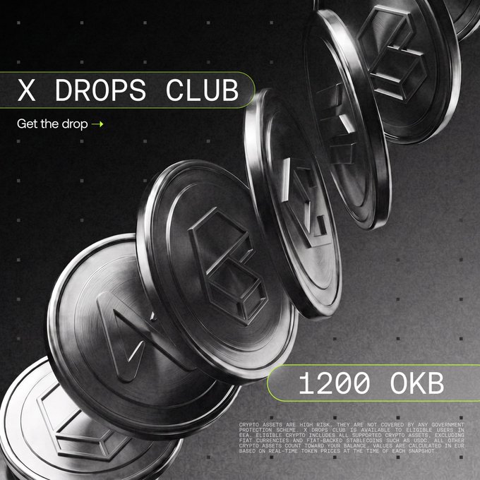 Promotional graphic for the "X DROPS CLUB" featuring metallic coins cascading diagonally across a dark background, with text reading "Get the drop →" and "1200 OKB" highlighted in a green-bordered box, alongside a risk disclaimer about crypto assets. The image visually reinforces the post's announcement of a 1,200 OKB token giveaway for trading various cryptocurrencies.
