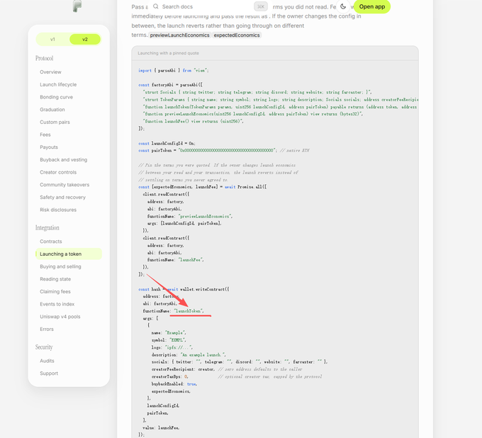The image shows a screenshot of the PONS V2 Protocol documentation, displaying code snippets related to "expectedEconomics" that define a `LaunchConfig` struct with `LaunchToken` and `EMO` tokens, along with a highlighted `launchToken` wallet contract. The visible code confirms the discovery of the "LaunchToken" element within PONS's developer documentation, supporting the claim about finding a hidden token in the V2 release.