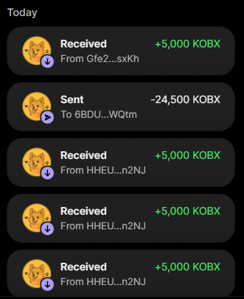 A mobile wallet transaction history showing received and sent KOBX cryptocurrency, with four +5,000 KOBX received entries and one -24,500 KOBX sent transaction.