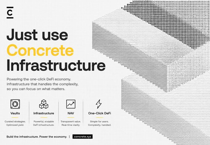 A Concrete.xyz promotional banner reads 'Just use Concrete Infrastructure' in bold text, describing their DeFi infrastructure with four feature icons: Vaults, Infrastructure, NAV, and One-Click DeFi, alongside a 3D pixelated graphic.