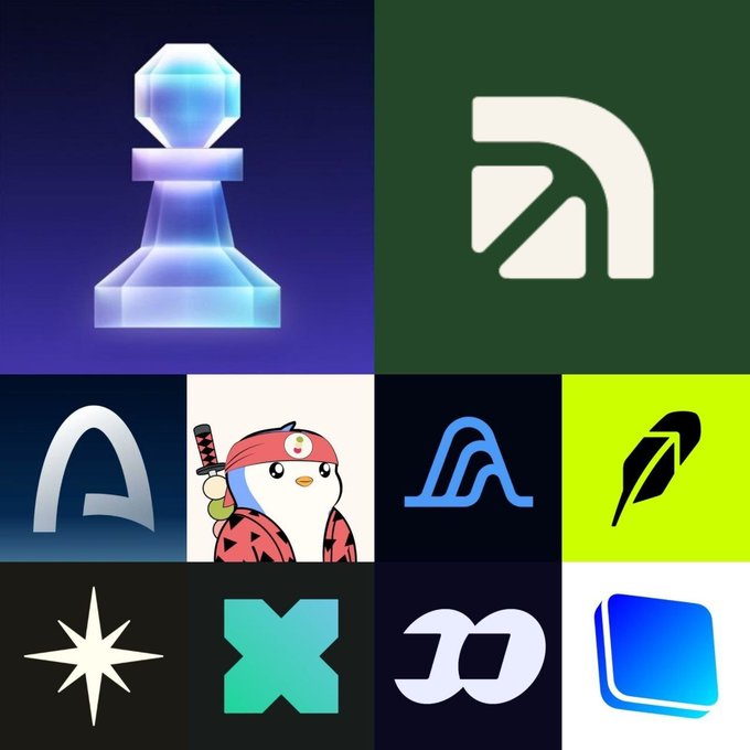 A collage of various cryptocurrency and tech logos, including a crystal chess pawn, NEAR Protocol, Arkham, a ninja penguin, AltLayer, Robinhood, a star, X (formerly Twitter), Dymension, and a blue wallet icon.