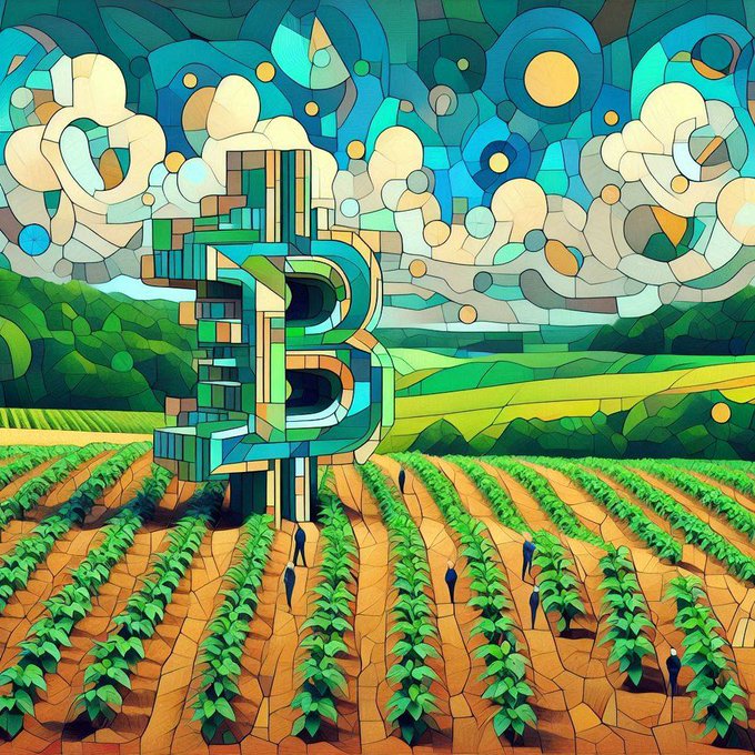 A vibrant cubist-style painting featuring a large 3D 'B' logo in a landscape with green fields, stylized clouds, and small figures working in the crops.