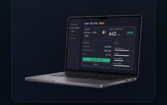A laptop displays a loan review dashboard showing a borrower with the address 0x7C48...0396, a FICO credit score of 642, an approved limit of 180,000, and an offered credit line of 11.4%.