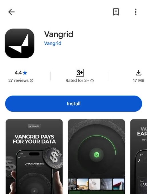 Google Play Store page showing the Vangrid app with a 4.4 star rating, 27 reviews, and a tagline reading 'VANGRID PAYS FOR YOUR DATA'.