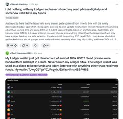 The image shows a Reddit thread from r/Bitcoin where user "ghostofmornings" shares that their Ledger wallet just drained out of almost 100k USDT after receiving seed phrases via SMS, with the post linked to Etherscan addresses showing significant ETH and other token outflows. The image directly relates to the accompanying post's concern about self-custody, illustrating the real risks of managing crypto assets personally rather than through regulated ETFs.