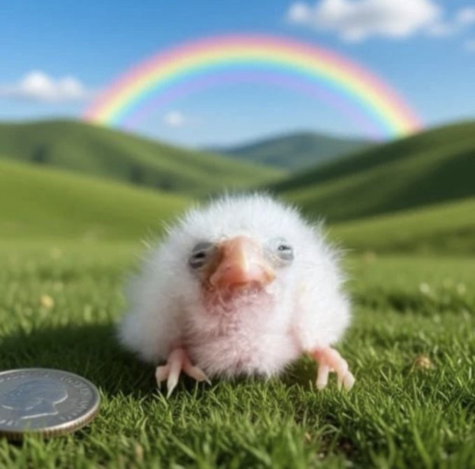 An adorable fluffy white baby bird sits in green grass with a quarter beside it for scale, set against a backdrop of rolling green hills and a vibrant rainbow arching across a blue sky.