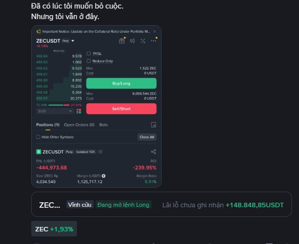 A crypto trading interface for the ZECUSDT pair on Binance Perp showing significant losses with -444,973.68 PNL and -239.95% ROI, accompanied by Vietnamese text at the top translating to "I had many times to give up. But I'm still here."