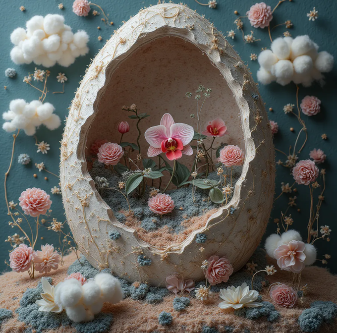 A cracked open eggshell reveals a miniature garden of pink roses, a pink orchid, and delicate flowers, surrounded by cotton-like clouds and additional floral arrangements against a teal background.