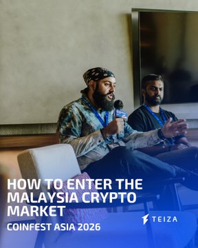 Two men sit on a panel discussion; text overlay reads 'HOW TO ENTER THE MALAYSIA CRYPTO MARKET' and 'COINFEST ASIA 2026' with a TEIZA logo.