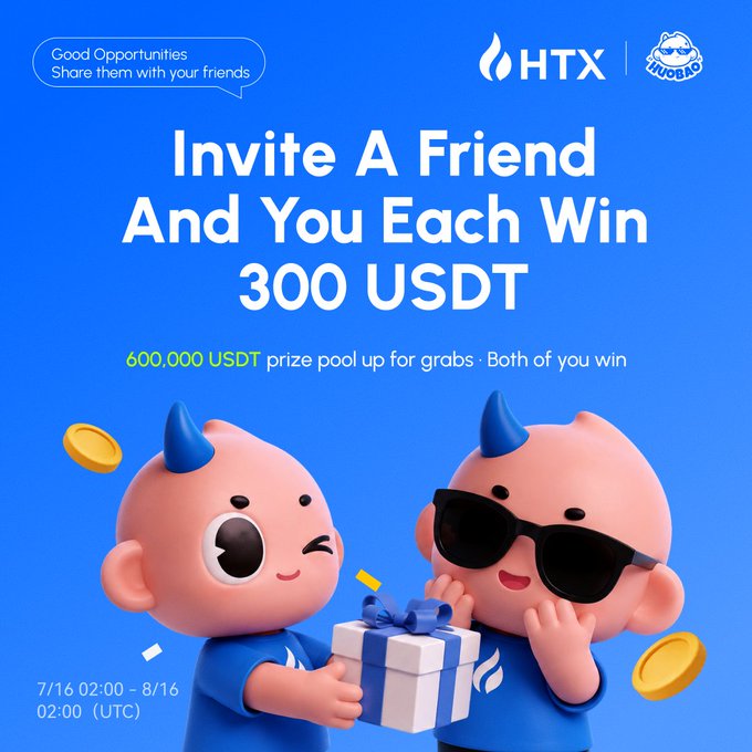 A promotional graphic for HTX's "Refer to Earn" campaign featuring two pink mascot characters (one winking, one wearing sunglasses) exchanging a gift box, advertising that both referrer and referee can win 300 USDT from a 600,000 USDT prize pool running from 7/16 to 8/16 at 02:00 (UTC), branded with the HTX and HTX INUOGO logos.