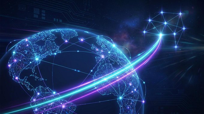 A digital illustration of a glowing blue Earth globe connected by light trails to a network of bright stars against a dark, cosmic background with circuit patterns.
