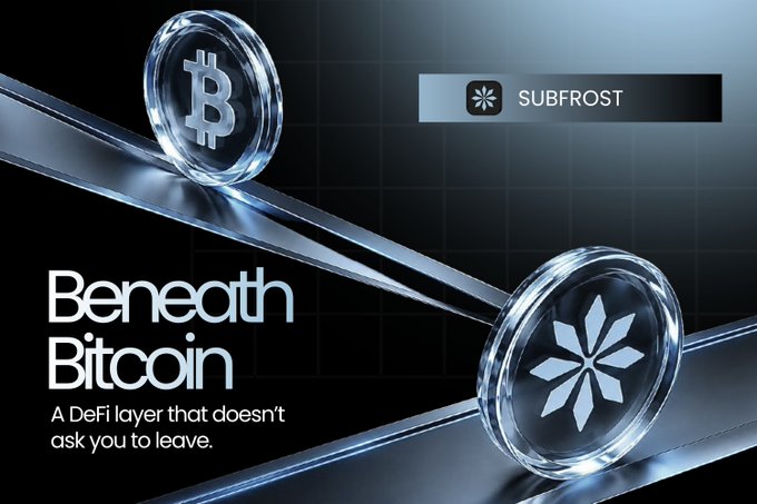 A sleek promotional graphic for "SUBFROST" titled "Beneath Bitcoin: A DeFi layer that doesn't ask you to leave," featuring two glass-like tokens—one displaying the Bitcoin "₿" symbol and the other a snowflake logo representing Subfrost—balanced on intersecting rails to symbolize Bitcoin serving as the foundation for a DeFi ecosystem built directly on top of it.