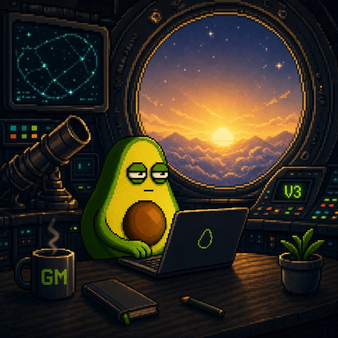 A pixel art illustration of an avocado character working on a laptop inside a spaceship cockpit, with a "GM" coffee mug and a stargazing window showing a sunset over the clouds.