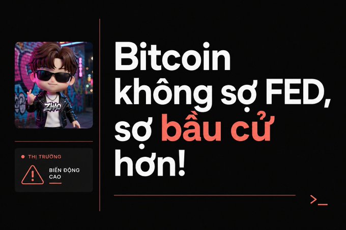 The image features a stylized 3D avatar of a figure in sunglasses on a graffiti backdrop, alongside the Vietnamese headline "Bitcoin không sợ FED, sợ bầu cử hơn!" (Bitcoin isn't afraid of the FED, it's more afraid of elections!), with a "THỊ TRƯỜNG BIẾN ĐỘNG CAO" (High Market Volatility) alert. This visually reinforces the post's message that the upcoming U.S. elections pose a greater risk to $BTC than Federal Reserve policy, with June CPI at 3.5% playing a secondary role in the narrative.