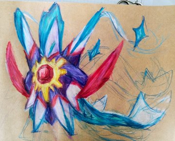 A vibrant marker drawing depicts a crystalline, multi-colored Mega Stone with sharp blue, red, and white facets surrounding a glowing red and yellow center, set against a tan background with sketchy blue outlines. The illustration appears to be the sixth entry in a collaborative art series called "Mega Stoneswap," showcasing a fan-designed Mega Evolution stone.