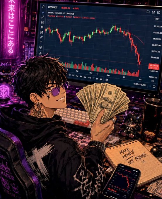 A smug anime-style trader with purple sunglasses and tattoos fanned with cash sits before a screen showing the BTC/USDT chart at $48,530.16 (-4.39%), with a notebook scrawled "MAKE MONEY, NOT FRIENDS" beside a phone displaying a downward-trending graph—a satirical visual contradiction to the post's claim about making money in crypto this week.