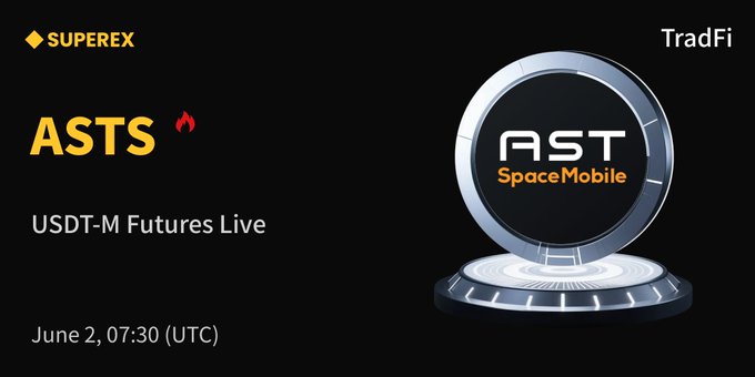 The image features a poster for an event called "AST SpaceMobile" that is taking place on June 2, 730 (UTC) at the SuperEx Coin-M Futures Live platform. The poster displays a silver circle with a black border containing the text "ASTS". It also includes a logo of a silver circle with a black border and the words "USDT-M Futures Live" written in white letters below it, along with the date "June 2, 730 (UTC)".