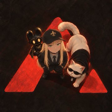 A digital illustration showing an anime-style character in a black uniform and beret holding a black rabbit-like figure, accompanied by a white cat wearing sunglasses, all set against a red triangular background.