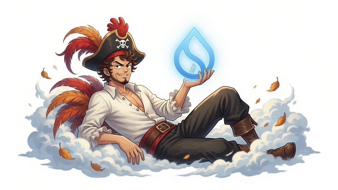 An anime-style pirate character wearing a skull-and-crossbones hat with red feathers lounges on a cloud while holding a glowing blue water droplet, with autumn leaves floating around him.