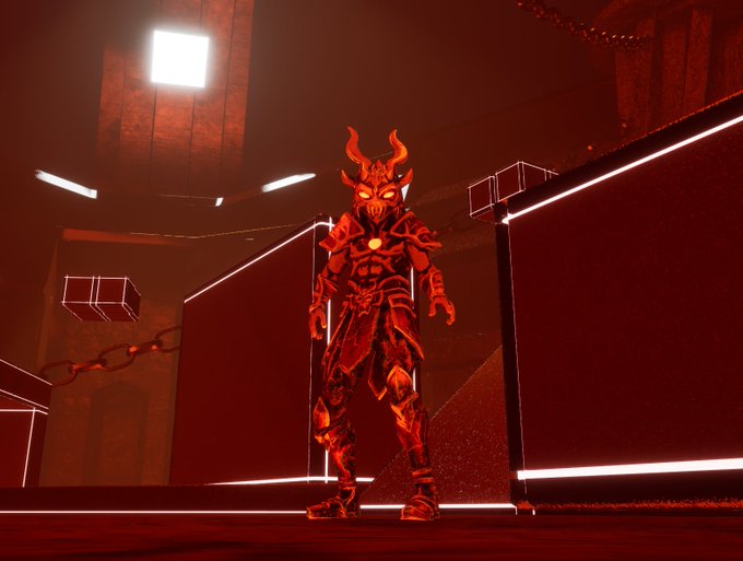 A horned, demonic warrior in glowing red armor stands ready for battle in the Colosseum, matching the post's announcement that legends from the @metalegendsnft universe are spawning to fight starting today, as tagged with @mattburner_eth and @TelosTryp.