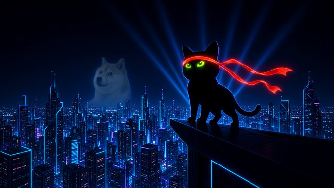 A black cat with glowing green eyes and a flowing red ninja scarf stands atop a skyscraper overlooking a neon-lit cityscape, while the ghostly Doge (Shiba Inu) watches from the background—symbolizing how the original Doge meme paved the way for this more "agile" feline successor in crypto culture.