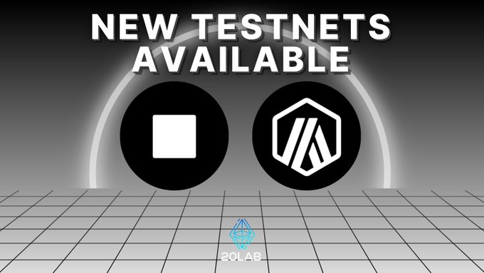 Promotional graphic with the text 'NEW TESTNETS AVAILABLE' featuring two crypto project logos and the 'ZOLAB' branding at the bottom.