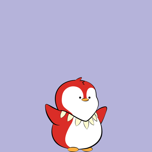 A cartoon illustration of a small red and white penguin-like creature wearing a white bib adorned with yellow leaf shapes, set against a solid light purple background.