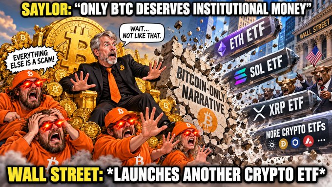 A crypto meme featuring a man in a suit shouting 'ONLY BTC DESERVES INSTITUTIONAL MONEY' at a wall labeled 'BITCOIN-ONLY NARRATIVE,' while Wall Street breaks through to launch new ETFs for ETH, SOL, and XRP.