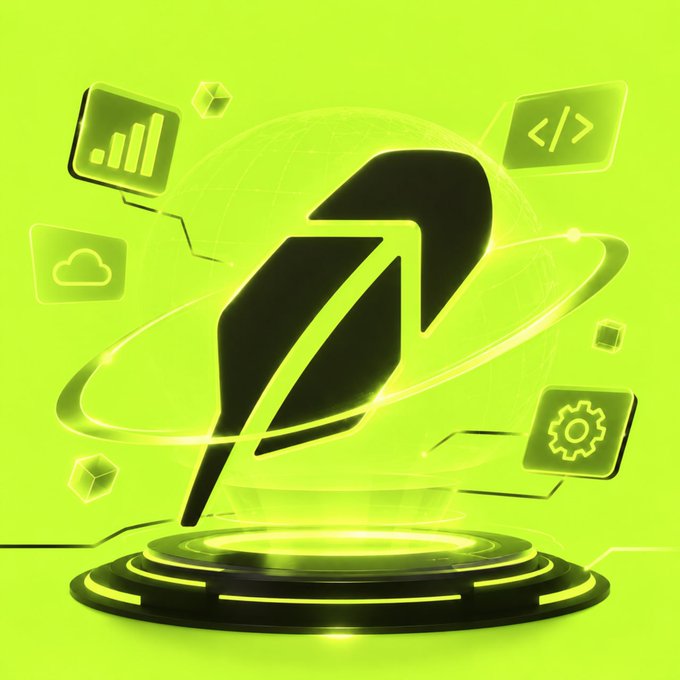A bright neon green digital illustration featuring a black feather/leaf logo on a glowing pedestal, surrounded by tech-related icons including bar charts, code symbols, cloud storage, and settings gears.