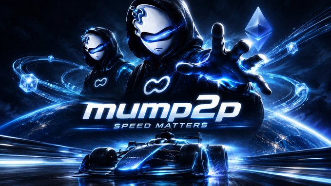 A promotional graphic for "mump2p - SPEED MATTERS" featuring two hooded, masked figures surrounded by blue energy and Ethereum logos, with a futuristic F1 car below.