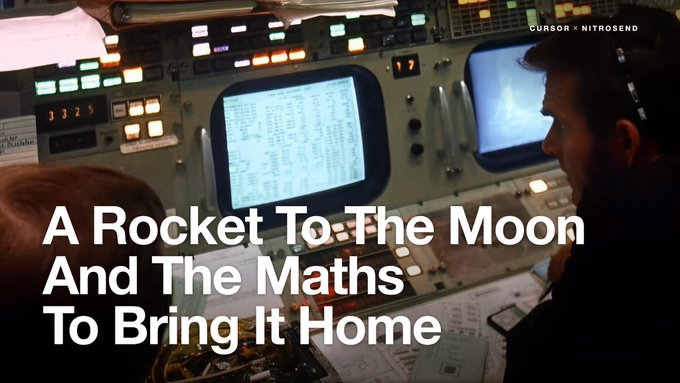 A control room scene with text overlay reading 'CURSOR x NITROSEND' and 'A Rocket To The Moon And The Maths To Bring It Home', showing monitors and technicians at work.