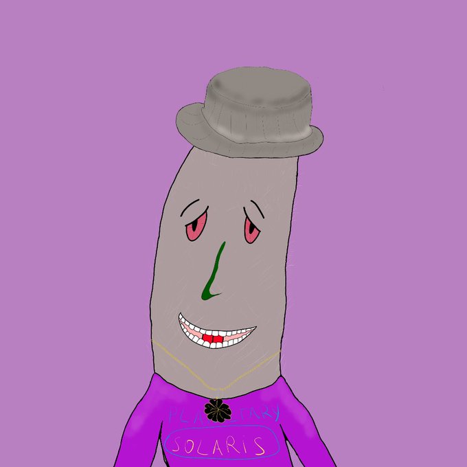 A digital drawing of a gray, hat-wearing character with red eyes, a wide grinning mouth, and a purple shirt labeled 'SOLARIS' on a lavender background.