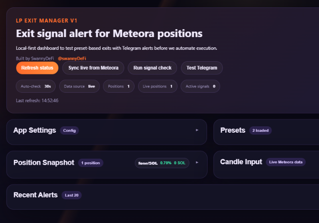A dashboard titled 'LP EXIT MANAGER V1 - Exit signal alert for Meteora positions' built by SwannyDeFi, showing refresh status, live data source, and metrics like 1 active position with meme/SOL at 0.79% (0 SOL).