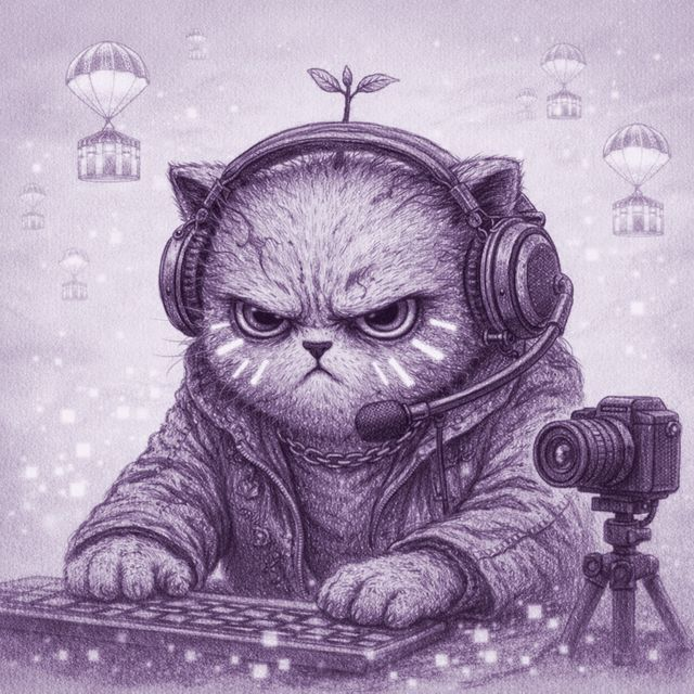 A grumpy purple-toned cat wearing a headset types at a keyboard beside a camera, with parachute-delivered crates floating in the background—fitting imagery for an NFT airdrop announcement, specifically for Ethos Network's Meow Meow NFTs earned by burning XP.
