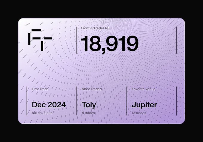 A purple-themed Frontier Trader card displaying the rank number 18,919, with details showing First Trade as December 2024 on Jupiter, Most Traded venue as Tolly (4 trades), and Favorite Venue as Jupiter (13 trades).