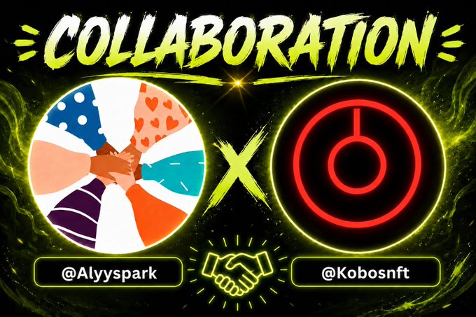 A promotional collaboration graphic featuring 'COLLABORATION' in bold yellow text, showcasing a logo of diverse hands joining together (@Alyyspark) alongside a red power-button logo (@Kobosnft), with a handshake icon below.