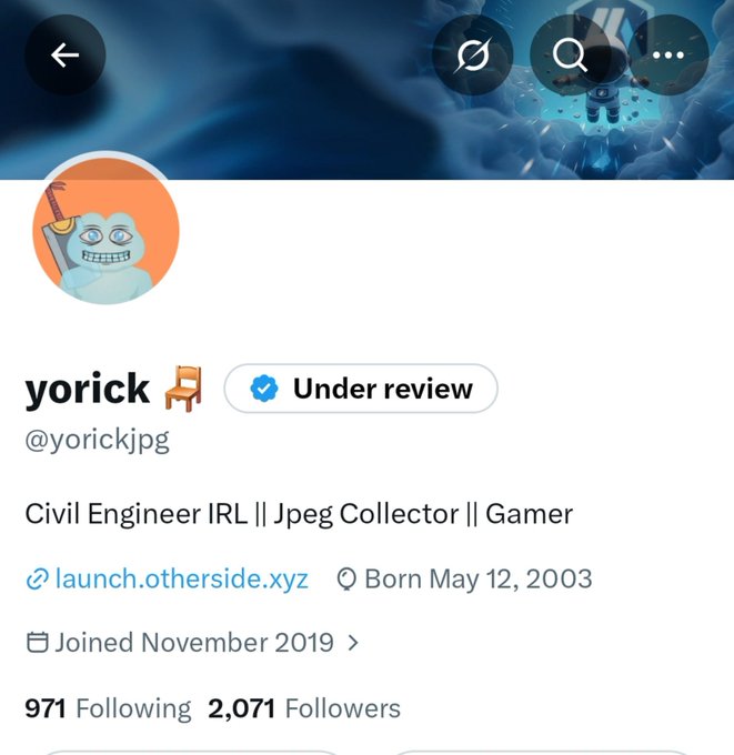 A social media profile for 'yorick' (@yorickjpg) describes them as a 'Civil Engineer IRL || Jpeg Collector || Gamer' with 2,071 followers, noting an 'Under review' status.