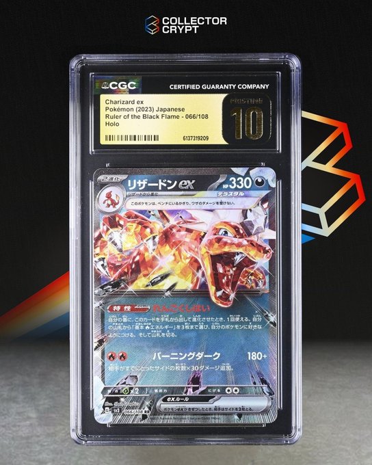 A CGC-certified Pokémon trading card featuring Charizard ex (Japanese "Ruler of the Black Flame," 066/108) is displayed in a protective slab with a "Pristine 10" grade, shown against a black background with a "Collector Crypt" logo and rainbow graphic. The caption highlights the giveaway details, with this high-grade holographic card being the prize for followers who engage with the post.