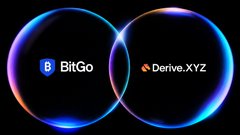 The image shows two overlapping iridescent bubbles against a black background, with "BitGo" branded on the left bubble and "Derive.XYZ" branded on the right, visually symbolizing the partnership between the two companies to offer institutional off-exchange custody for onchain options trading.