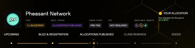 A dark-themed user interface for 'Pheasant Network' showing a Buzzzdrop with allocations published, a Pre-TGE token state, and a user's allocation of $PT worth 22.14.