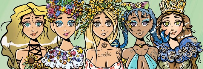 A stylized illustration featuring five female characters with decorative floral crowns and elaborate hairstyles, each possessing distinct eye colors and unique outfits against a green background.