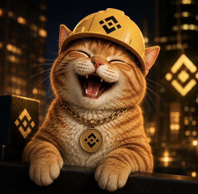 A smiling orange tabby cat wearing a yellow Binance-branded hard hat and a gold BNB medallion sits atop a city skyline, embodying the bullish crypto optimism referenced in the post about the $BNBCAT token on @BNBCHAIN.
