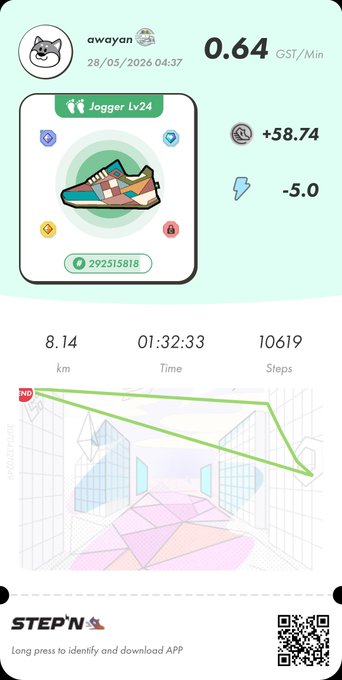 The image shows an app screen with a map of a hallway and a pair of shoes displayed on it. The app displays a step count for the user's walk or run, along with their current location within the hallway. There are also icons representing different types of exercise equipment in the background.