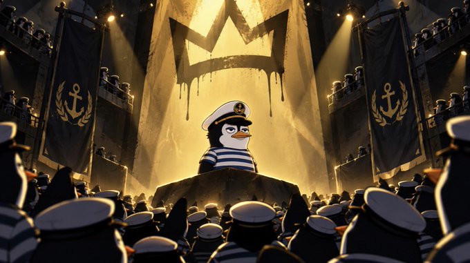 A stylized digital artwork featuring a penguin wearing a sailor hat and striped shirt standing on a podium before a crowd of similar penguins, with a large crown symbol projected behind it.