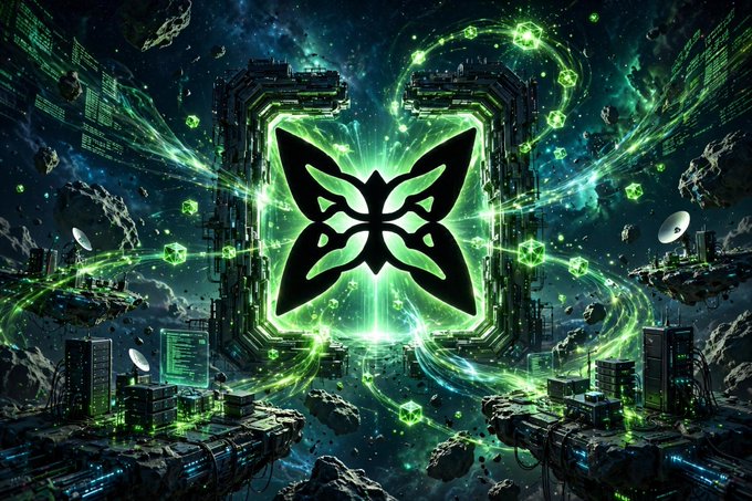A digital artwork featuring a glowing green butterfly emblem in the center, surrounded by futuristic cosmic structures, satellite dishes, and green energy waves in space.
