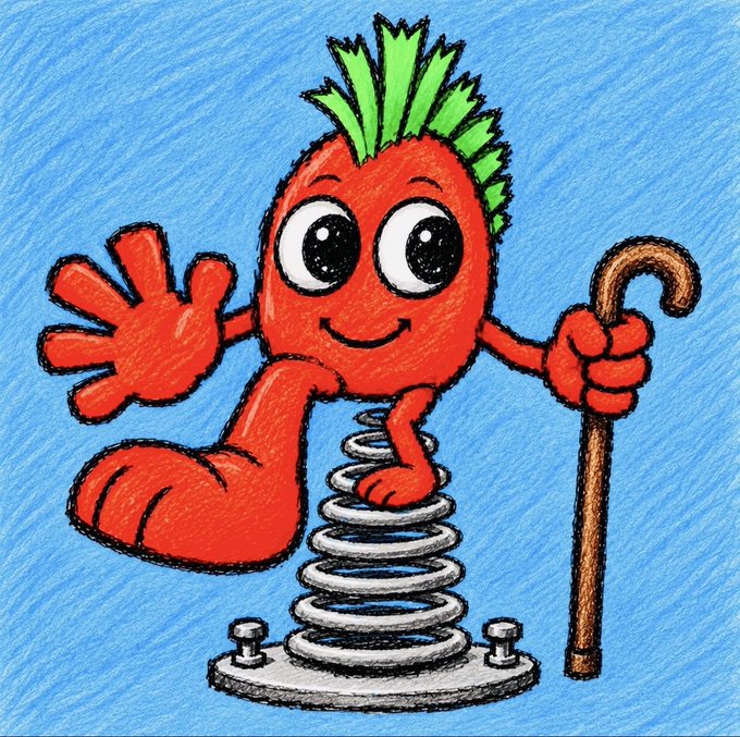 A cartoon illustration depicts an anthropomorphic red root vegetable with green leafy hair bouncing on a metal spring, holding a cane.