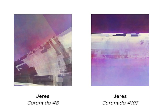 Two abstract art pieces by artist Jeres titled 'Coronado #8' and 'Coronado #103', featuring purple, pink, and lavender color palettes with geometric shapes.