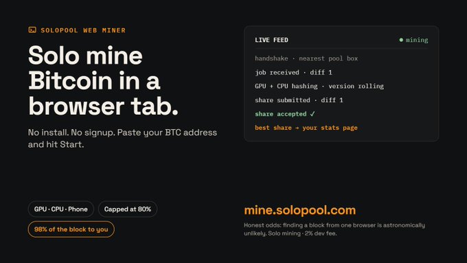 A website for SOLOPOOL WEB MINER advertising 'Solo mine Bitcoin in a browser tab' with the URL mine.solopool.com, showing a live feed of mining activity including 'share accepted ✓'.