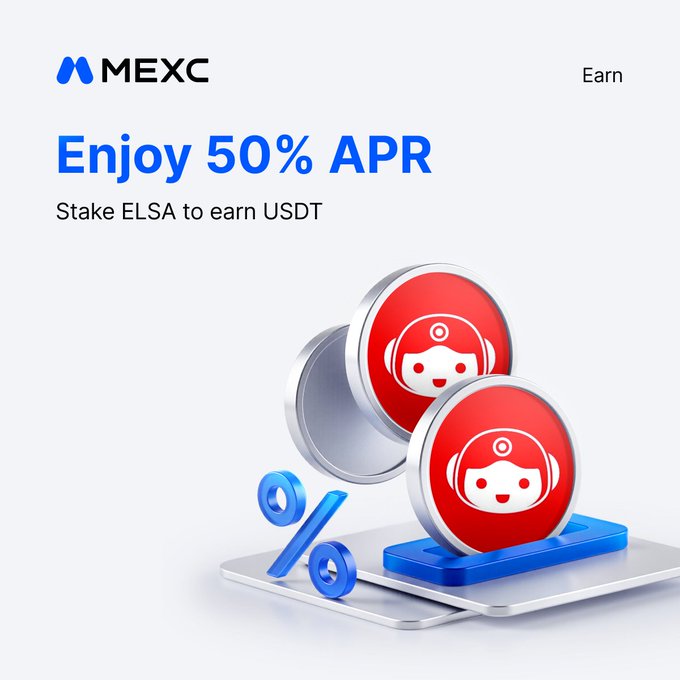 A MEXC Earn promotional graphic advertises a 50% APR fixed savings product for staking ELSA to earn USDT, featuring the MEXC logo and red cartoon mascot coin figures alongside a blue percent symbol. The image visually reinforces the post's message about earning passive income on $ELSA holdings through MEXC's Earn platform.
